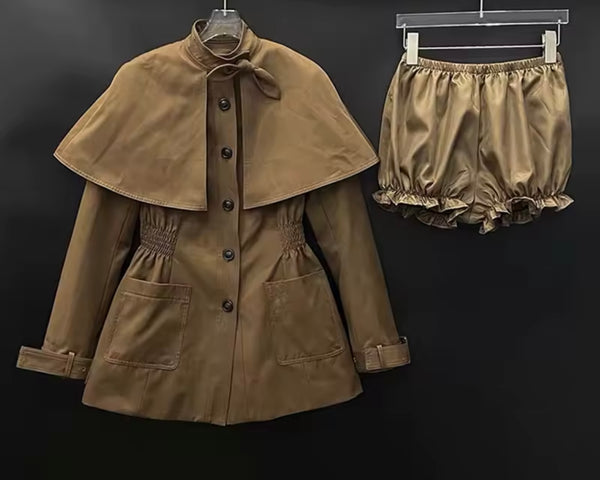 Women Brown Fashion Button Up Cape Trench Jacket Set