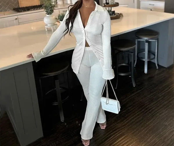 Women Full Sleeve Button Up Fashion Two Piece Pant Set