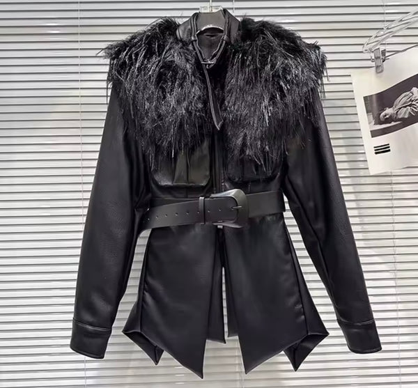 Women Black Fur Patchwork Faux Leather Open Back Jacket