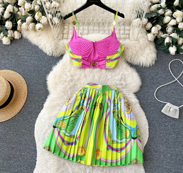 Women Sexy Sleeveless Two Piece Multicolored Print Skirt Set