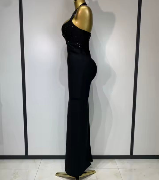 Women Sexy Black Rhinestone Halter Sleeveless Maxi Dress