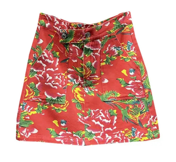 Women Sexy Fashion Green/Orange Floral Denim Short Skirt