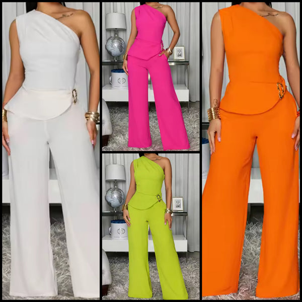 Women One Shoulder Metal Sleeveless Two Piece Pant Set