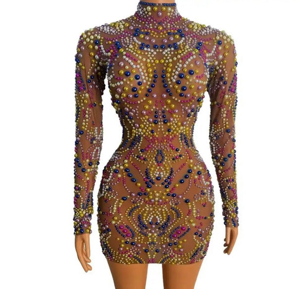 Women Sexy Full Sleeve Colorful Beaded Mesh Dress