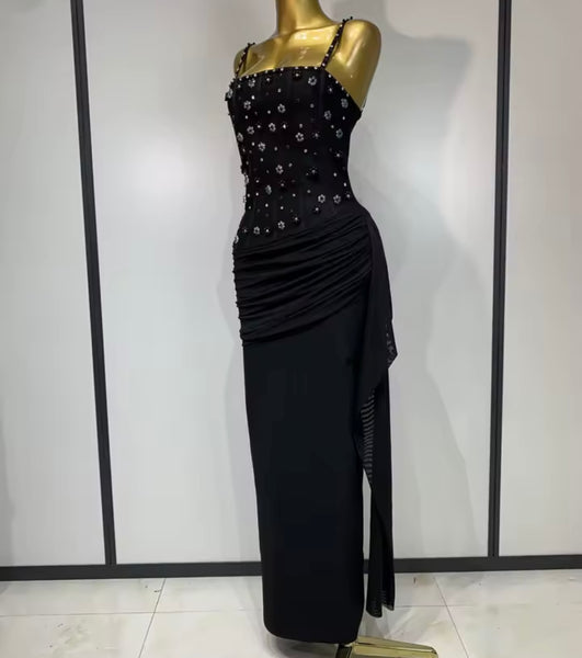 Women Sexy Black Sleeveless Beaded Tassel Maxi Dress