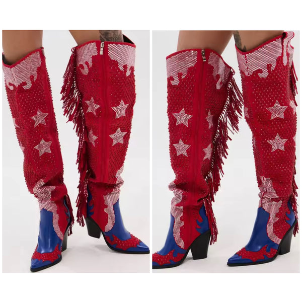 Women Color Patchwork Bling Fringe Star Knee High Western Boots