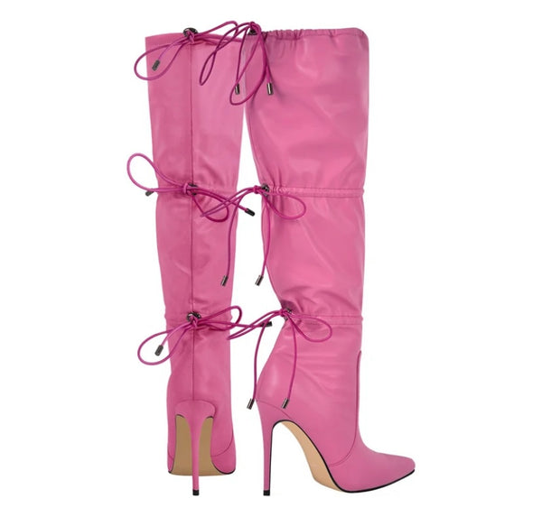 Women Fashion Faux Leather High Heel Tie Up Knee High Boots