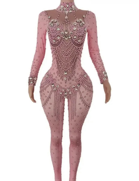 Women Sexy Beaded Crystal Full Sleeve Jumpsuit