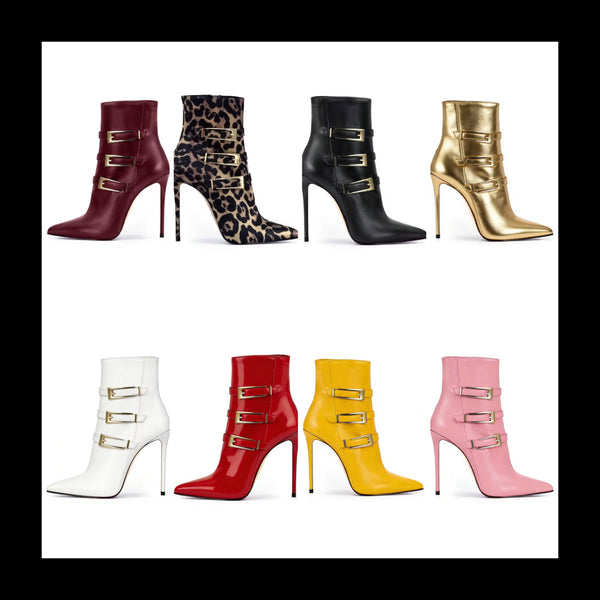 Women Fashion Pointed Toe Faux Leather Triple Buckle Ankle Boots