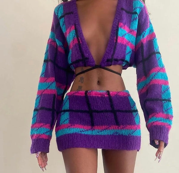 Women Multicolored Full Sleeve Two Piece Knitted Skirt Set