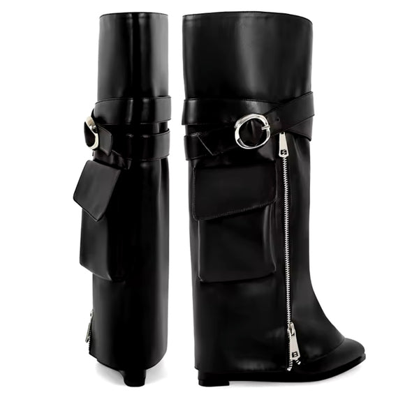 Women Black Zipper Detachable Buckled Pocket Knee High Boots