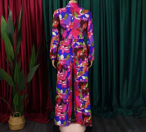 Women Fashion Button Up Floral Full Sleeve Two Piece Pant Set