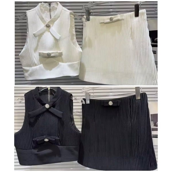 Women Button Bow Sleeveless Ribbed Sexy Two Piece Skirt Set