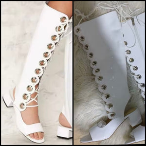 Women White Open Toe Metal Hollow Out Lace Up Knee High Sandals