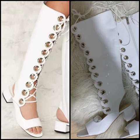Women White Open Toe Metal Hollow Out Lace Up Knee High Sandals