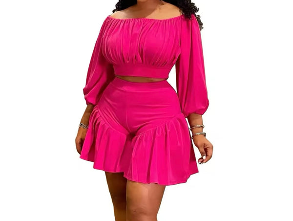 Women Solid Color Off The Shoulder Two Piece Short Set