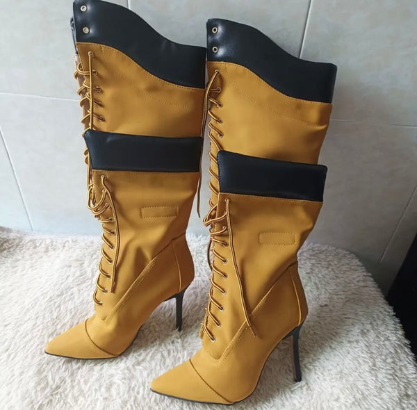 Women Pointed Toe Lace Up Knee High Fashion Boots