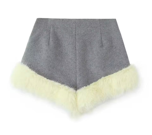 Women Fur Patchwork Button Up Full Sleeve Two Piece Short Set