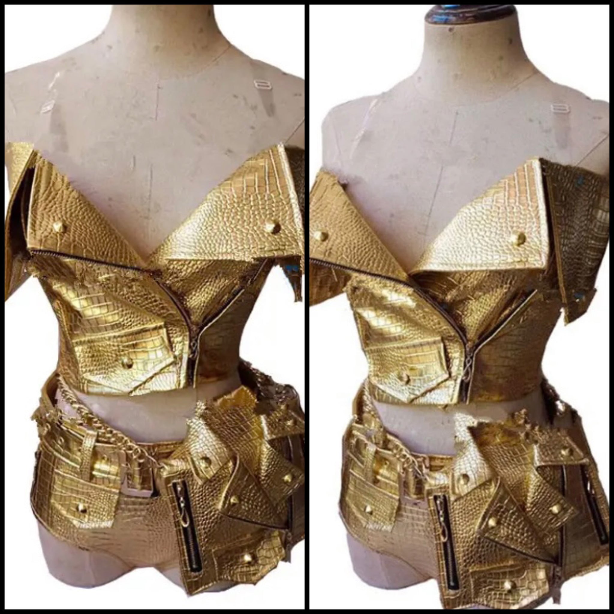 Women Sexy Fashion Gold Faux Leather Two Piece Short Set