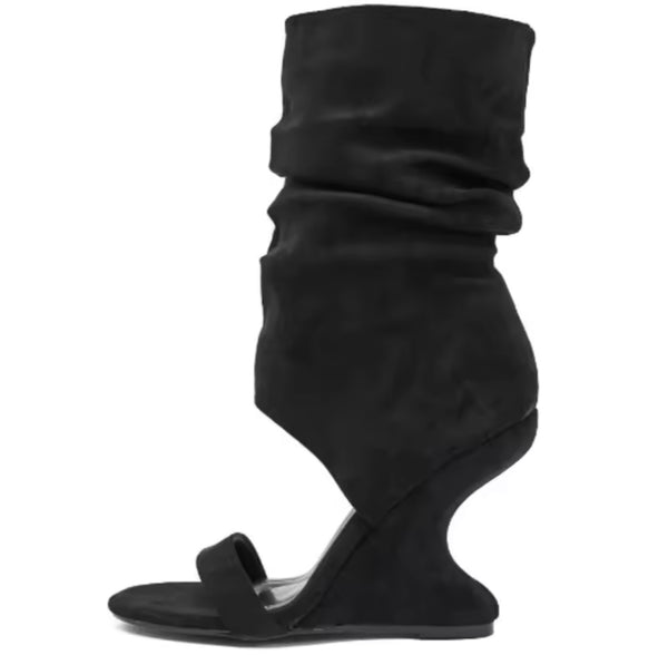 Women Fashion Open Toe Ruched Suede Wedge Mid Length Boots