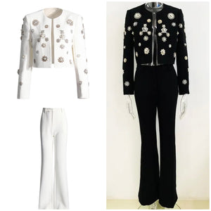 Women Fashion Bling Blazer Two Piece Pant Set
