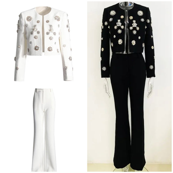 Women Fashion Bling Blazer Two Piece Pant Set