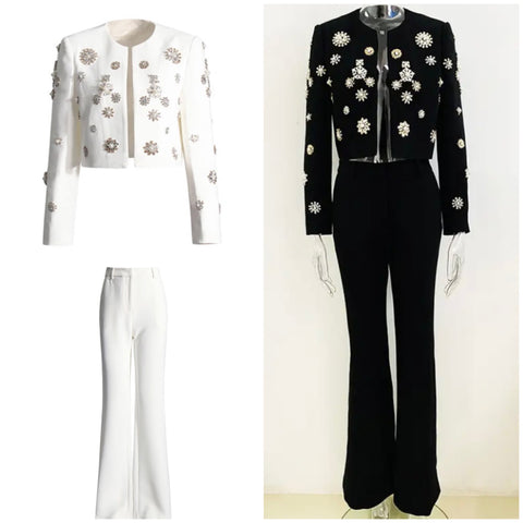Women Fashion Bling Blazer Two Piece Pant Set