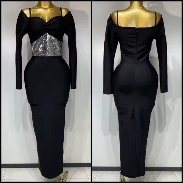 Women Sexy Black Sequins Patchwork Full Sleeve Maxi Dress