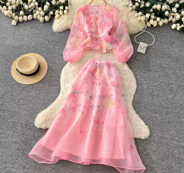 Women Button Up Floral Full Sleeve Chiffon Two Piece Skirt Set