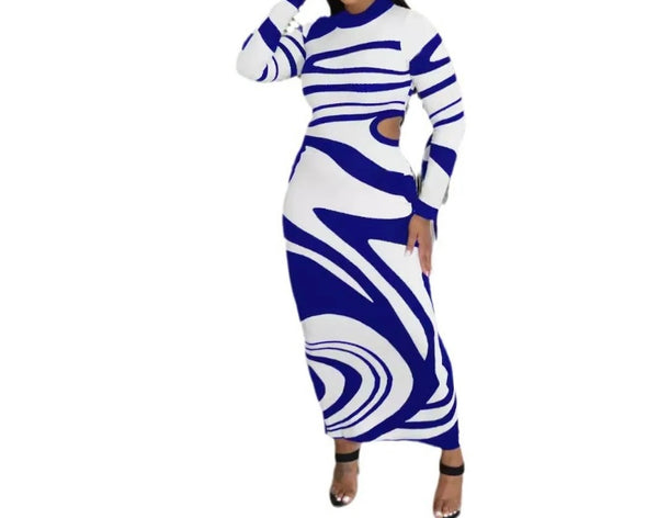 Women Sexy Printed Full Sleeve Side Cut Out Maxi Dress