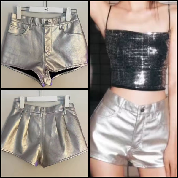 Women Silver Fashion Faux Leather Shorts