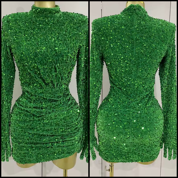 Women Green Sequins Sexy Glove Full Sleeve Ruched Dress