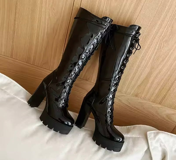 Women Fashion Patent Leather Lace Up Platform High Heel Boots