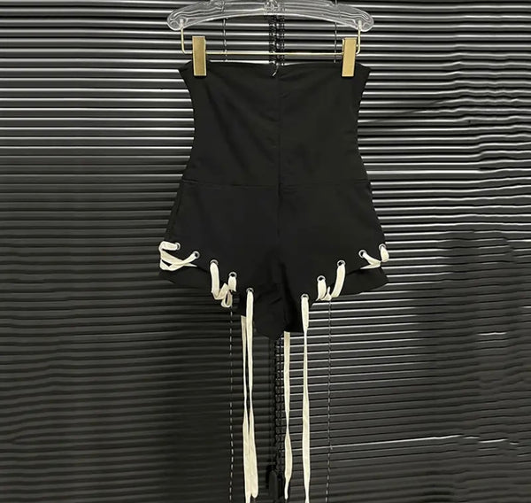 Women Black Sexy Strapless Lace Up Romper