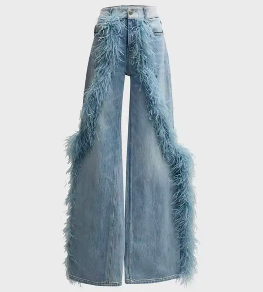 Women Fashion Blue Faux Fur Patchwork Denim Pants