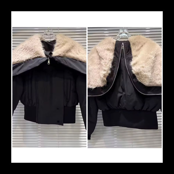 Women Fashion Black Zipper Faux Fur Jacket
