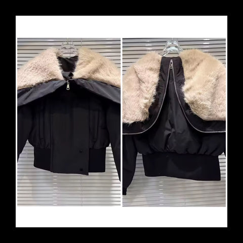 Women Fashion Black Zipper Faux Fur Jacket