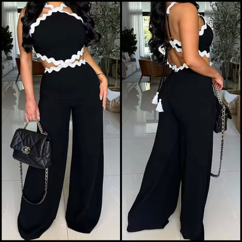 Women Sexy B&W Halter Sleeveless Cut Out Jumpsuit