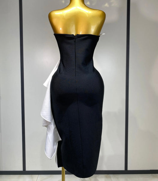 Women Sexy Strapless B&W Bling Ruffled Bandage Dress