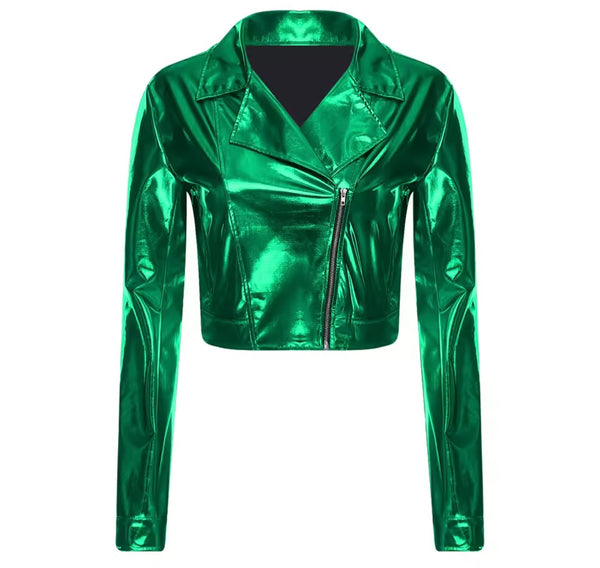 Women Fashion Color Zip Up Metallic PU Jacket
