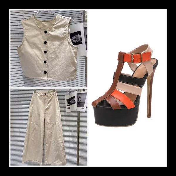 Women Fashion Color Buckled Strap Platform High Heels