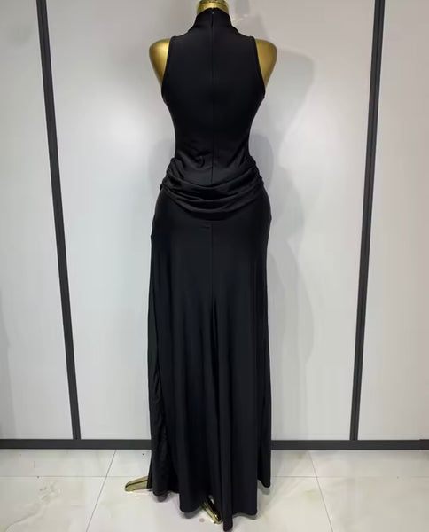 Women Sexy Sleeveless Solid Color Ruched Side Split Maxi Dress