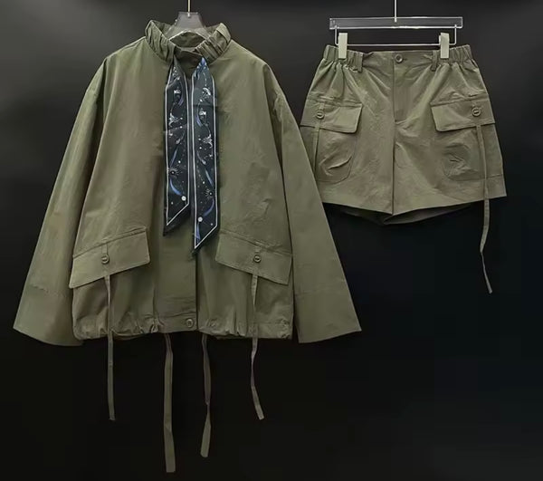 Women Fashion Green Ribbon Full Sleeve Two Piece Cargo Short Set