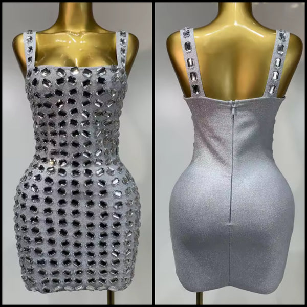Women Sexy Sleeveless Silver Crystal Dress
