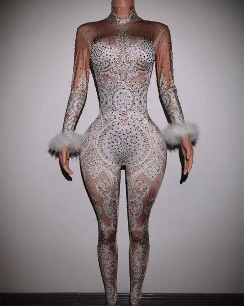 Women Sexy Feather Full Sleeve Rhinestone Jumpsuit