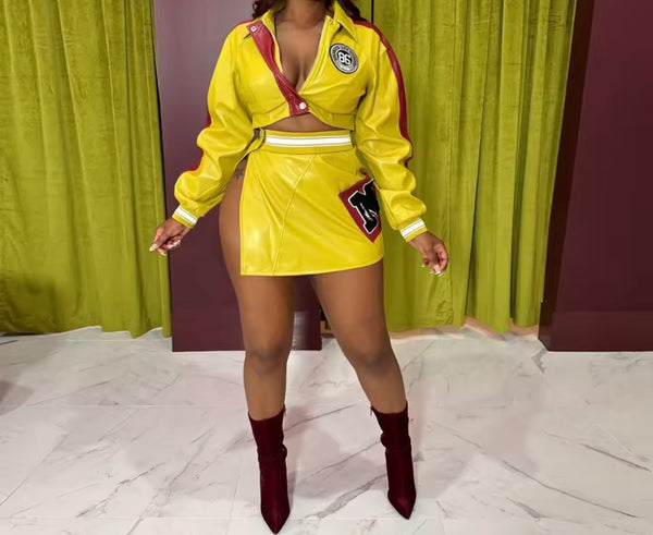 Women Color Patchwork Printed Faux Leather Two Piece Skirt Set