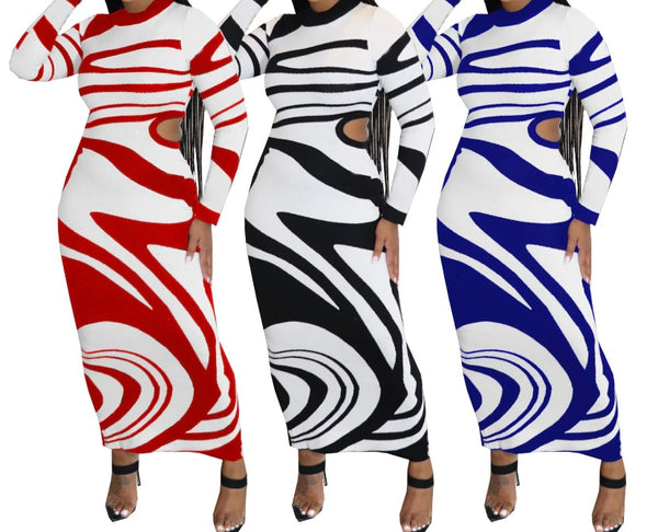 Women Sexy Printed Full Sleeve Side Cut Out Maxi Dress