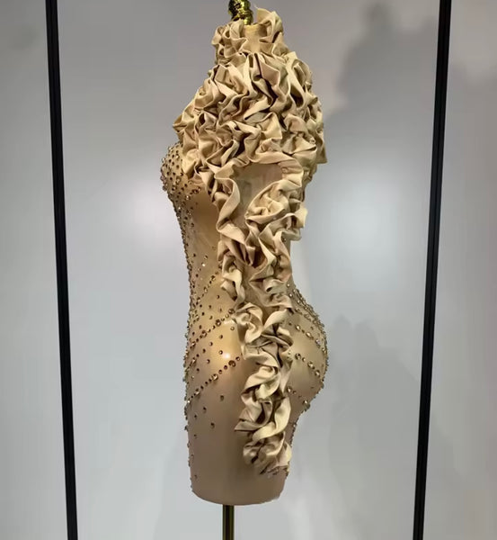 Women Gold Ruffled Rhinestone Full Sleeve Mesh Dress