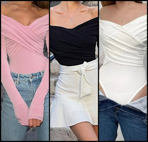 Women Solid Color Off The Shoulder Full Sleeve Fashion Bodysuit Top