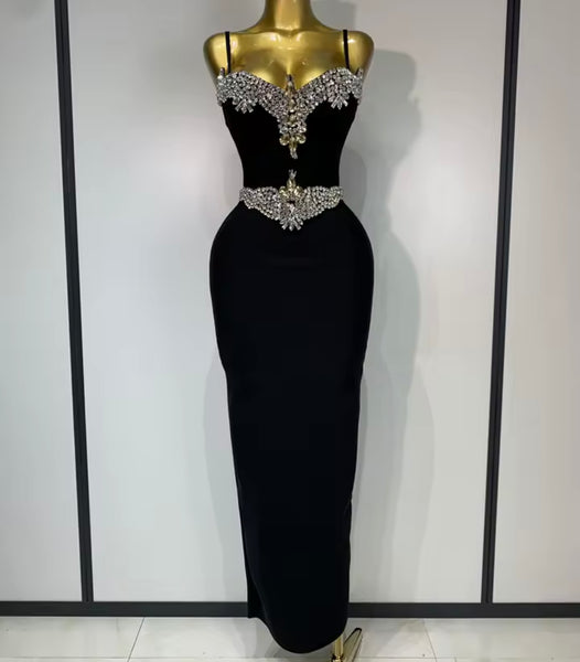 Women Sexy Sleeveless Crystal Rhinestone Maxi Dress